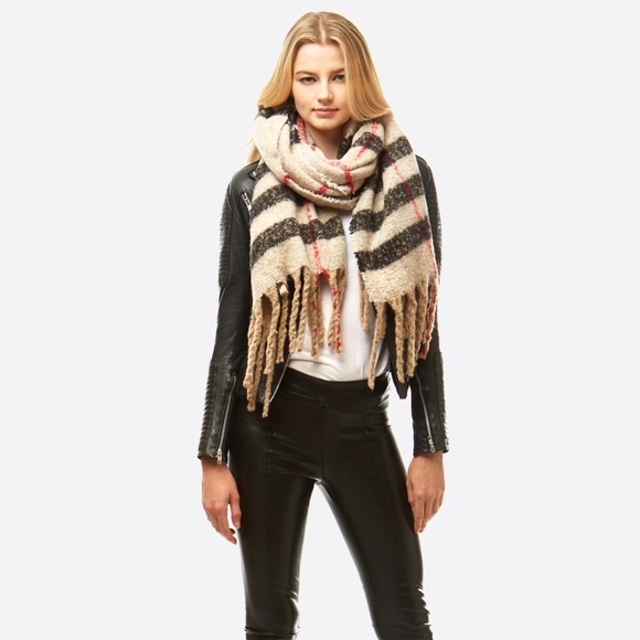 Accessories - Oversized Plaid Print Oblong Scarf Fringe Soft